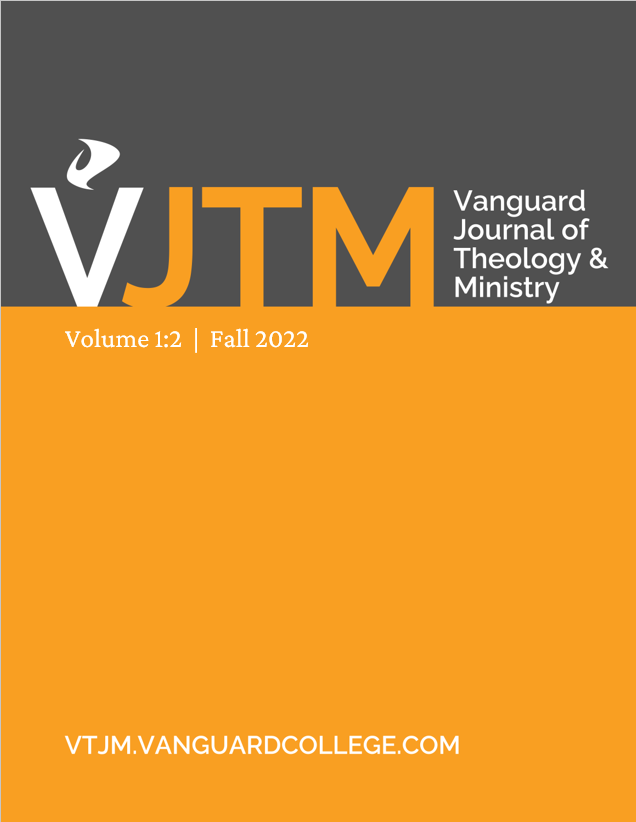 VJTM Cover image. An orange and grey background with the VJTM logo, the text "Vanguard Journal of Theology & Ministry", and the Issue information (Volume 1:1, spring 2022) overlaid.